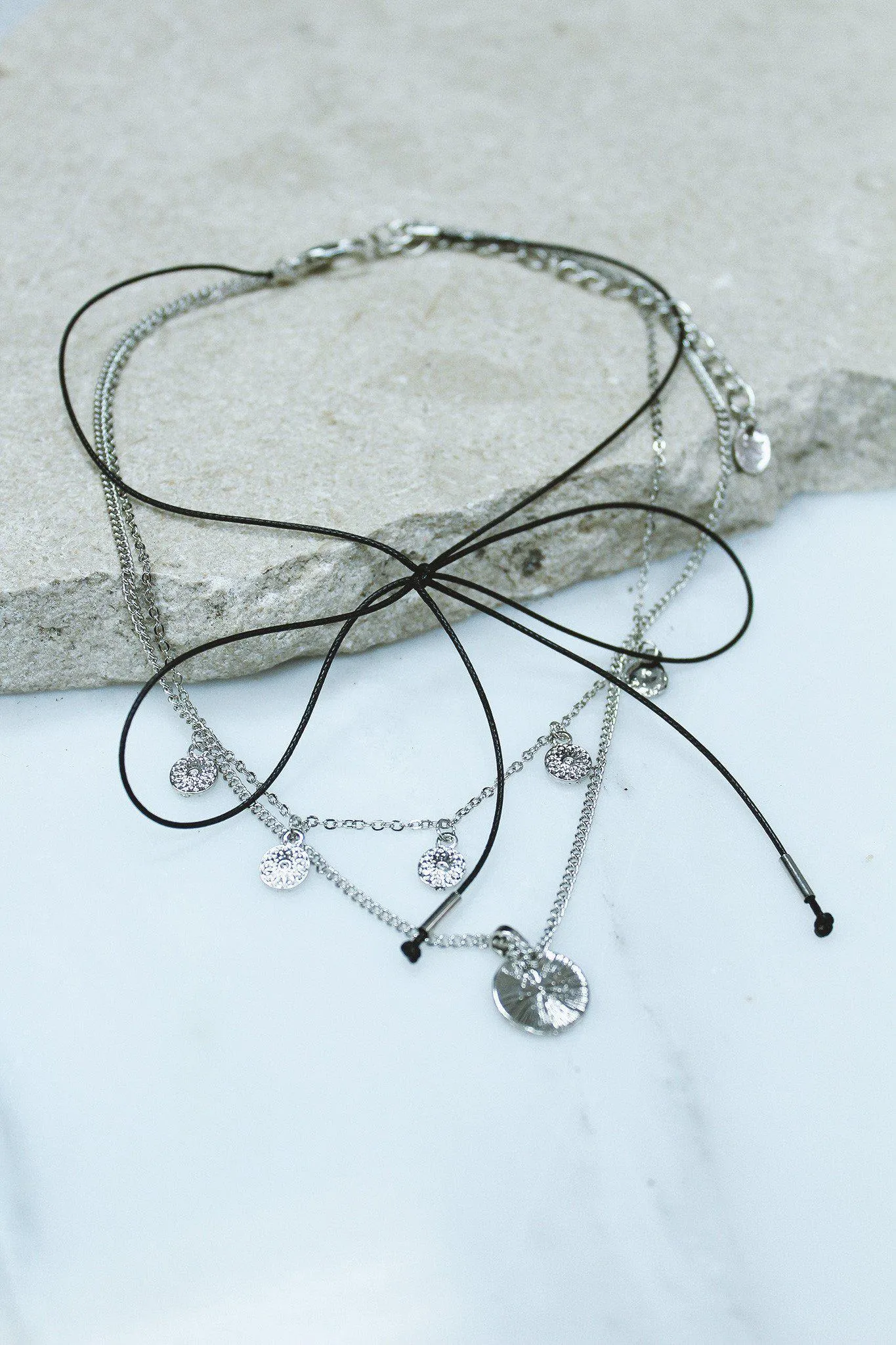 Silver And Black Tie Layered Necklace