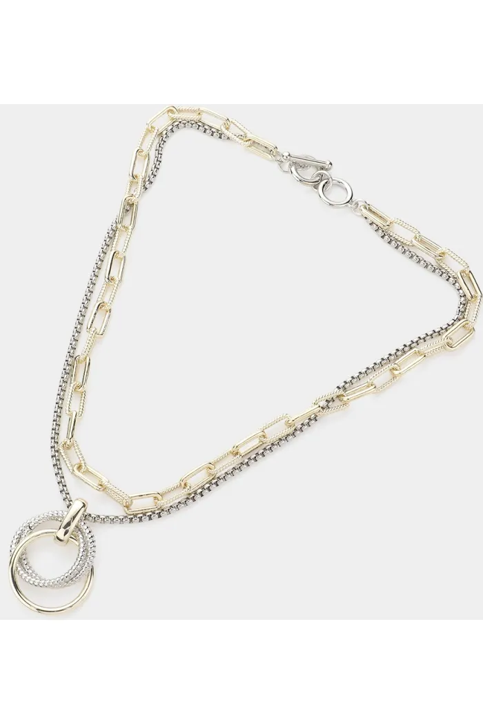 Silver and Gold Layered Paperclip and Chain Necklace With Circle Pendant