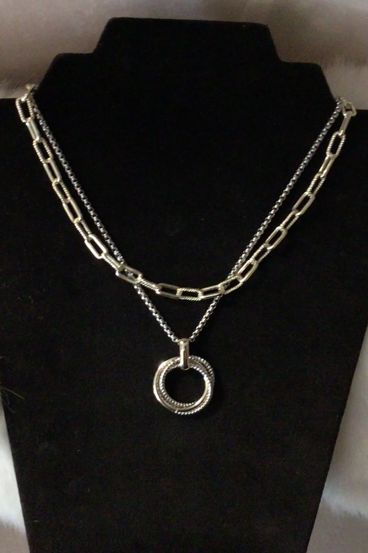 Silver and Gold Layered Paperclip and Chain Necklace With Circle Pendant