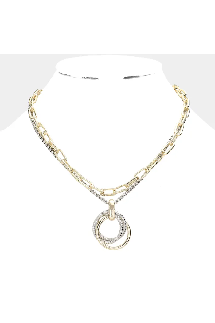 Silver and Gold Layered Paperclip and Chain Necklace With Circle Pendant