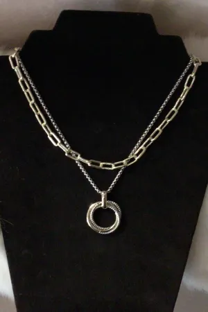 Silver and Gold Layered Paperclip and Chain Necklace With Circle Pendant