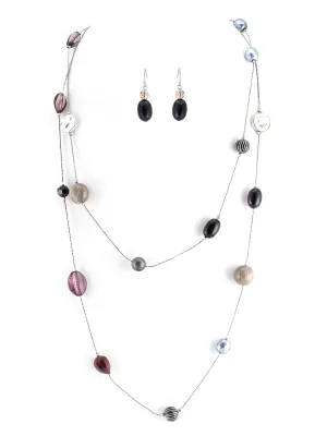 SILVER-BLACK NECKLACE & EARRINGS SET  #WS23401S51 (SHBA5)