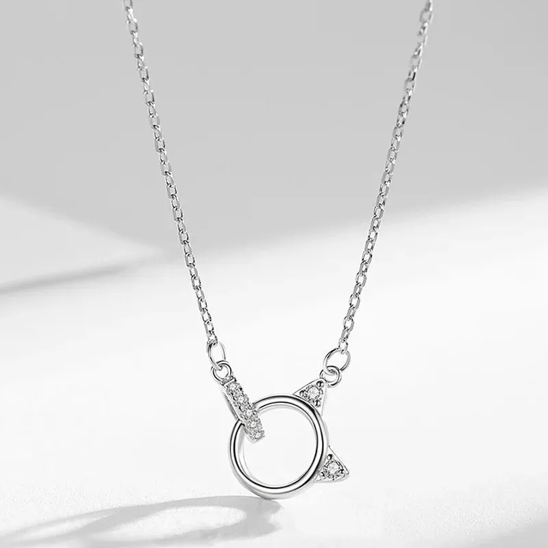 Silver Color Cute Cat Zircon Necklace