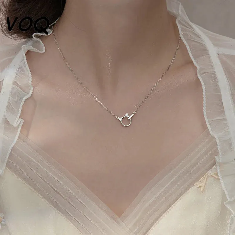 Silver Color Cute Cat Zircon Necklace
