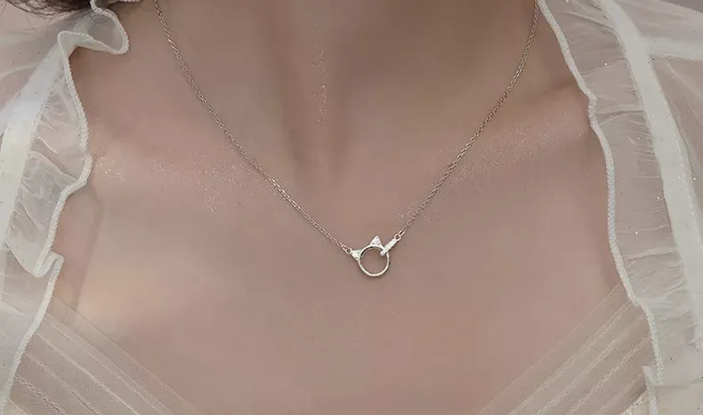 Silver Color Cute Cat Zircon Necklace