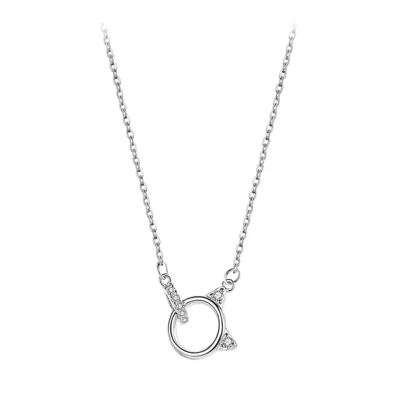 Silver Color Cute Cat Zircon Necklace