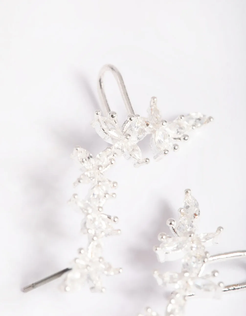 Silver Cubic Zirconia Floral Cuff Earrings