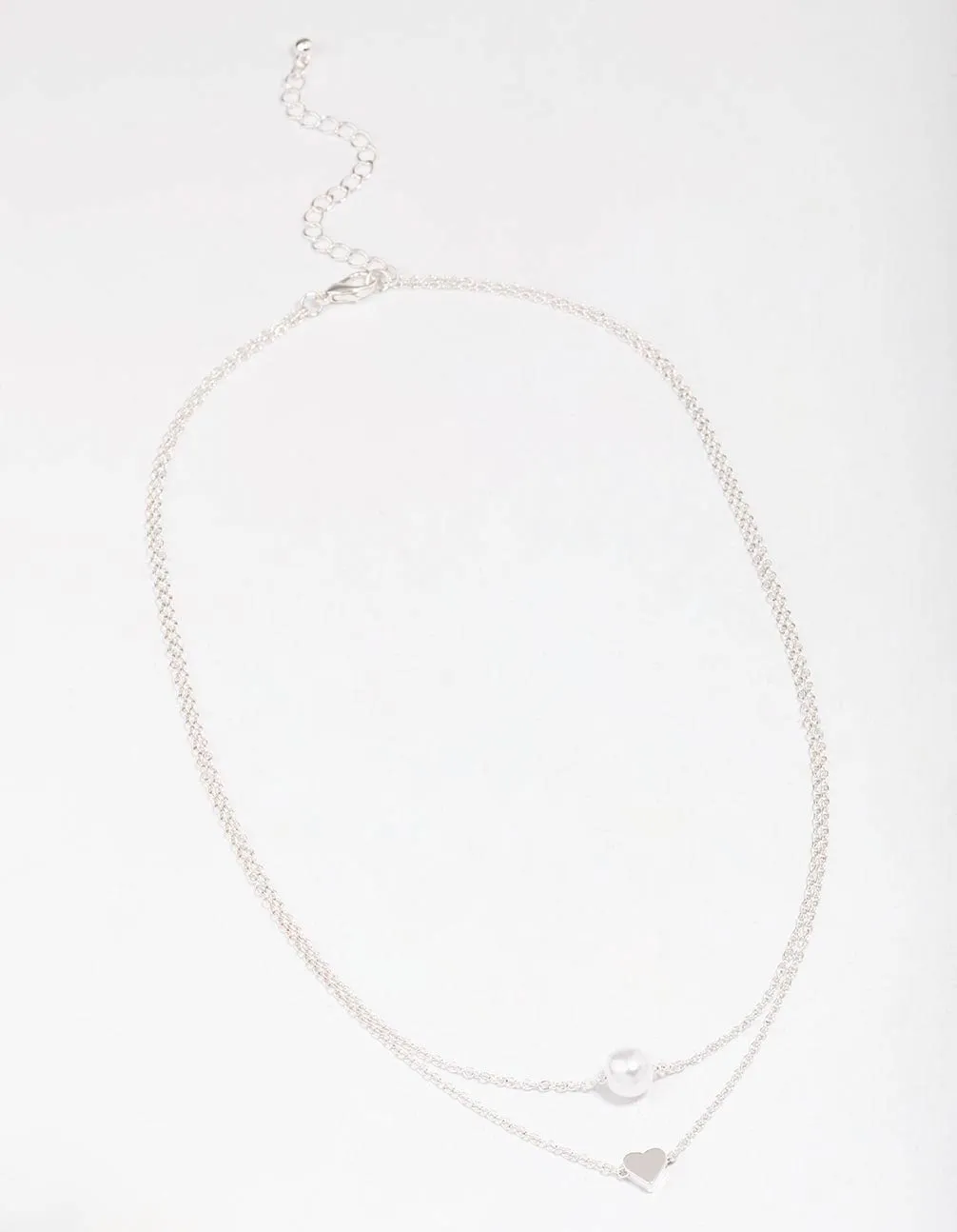 Silver Double Chain & Pearl Heart Layered Necklace