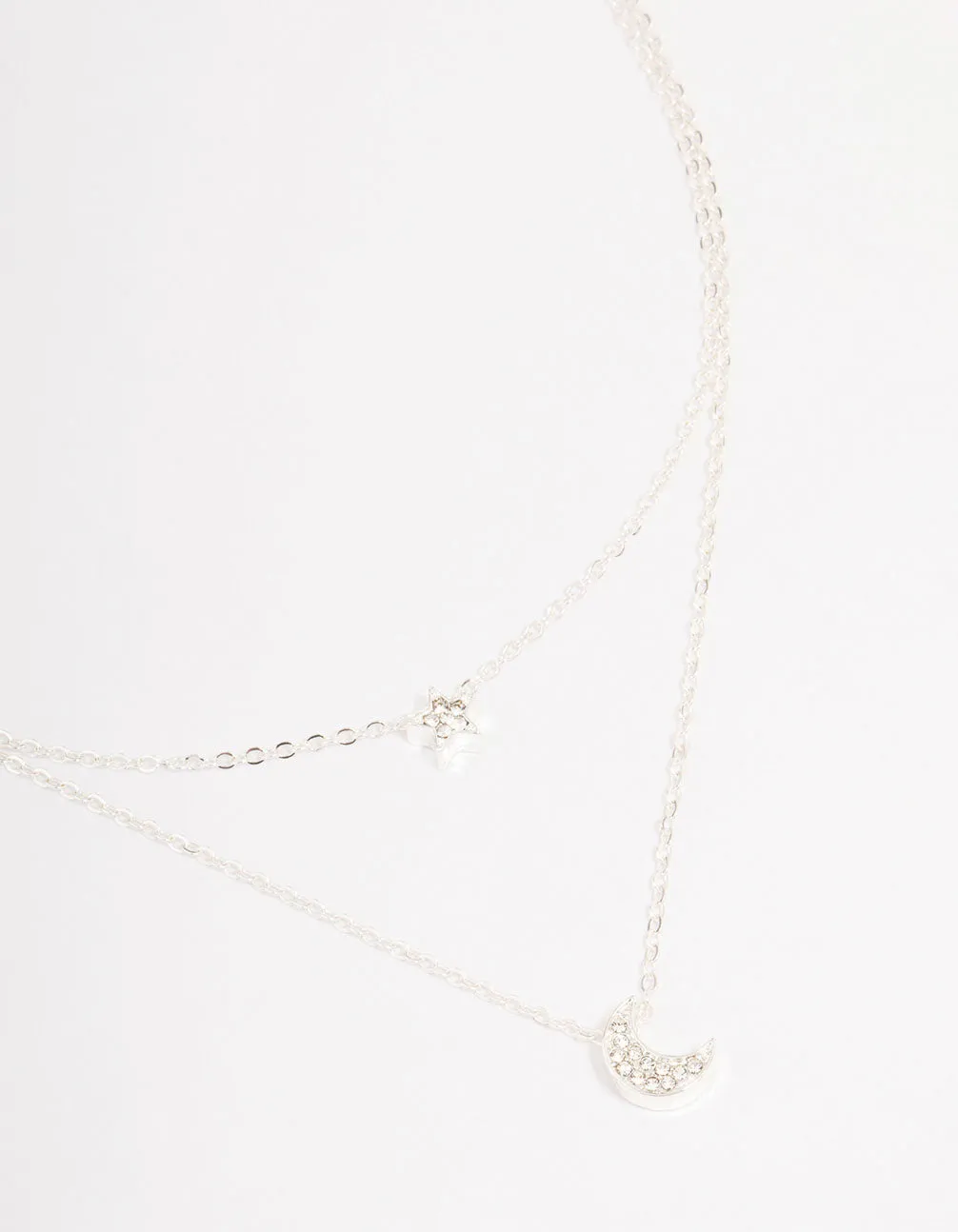 Silver Half Moon Star Double Layered Necklace