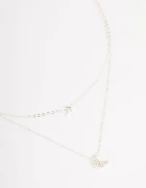 Silver Half Moon Star Double Layered Necklace