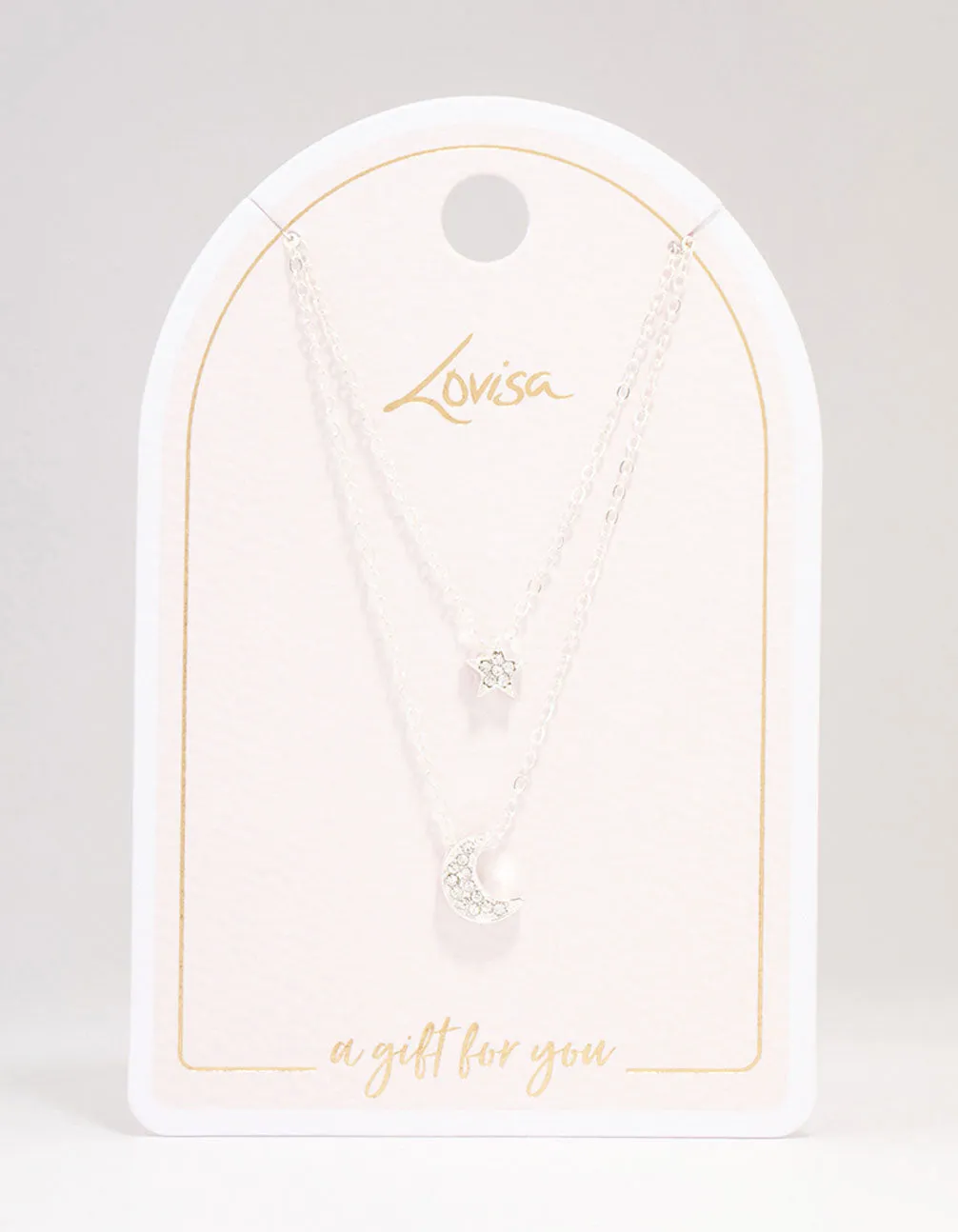 Silver Half Moon Star Double Layered Necklace