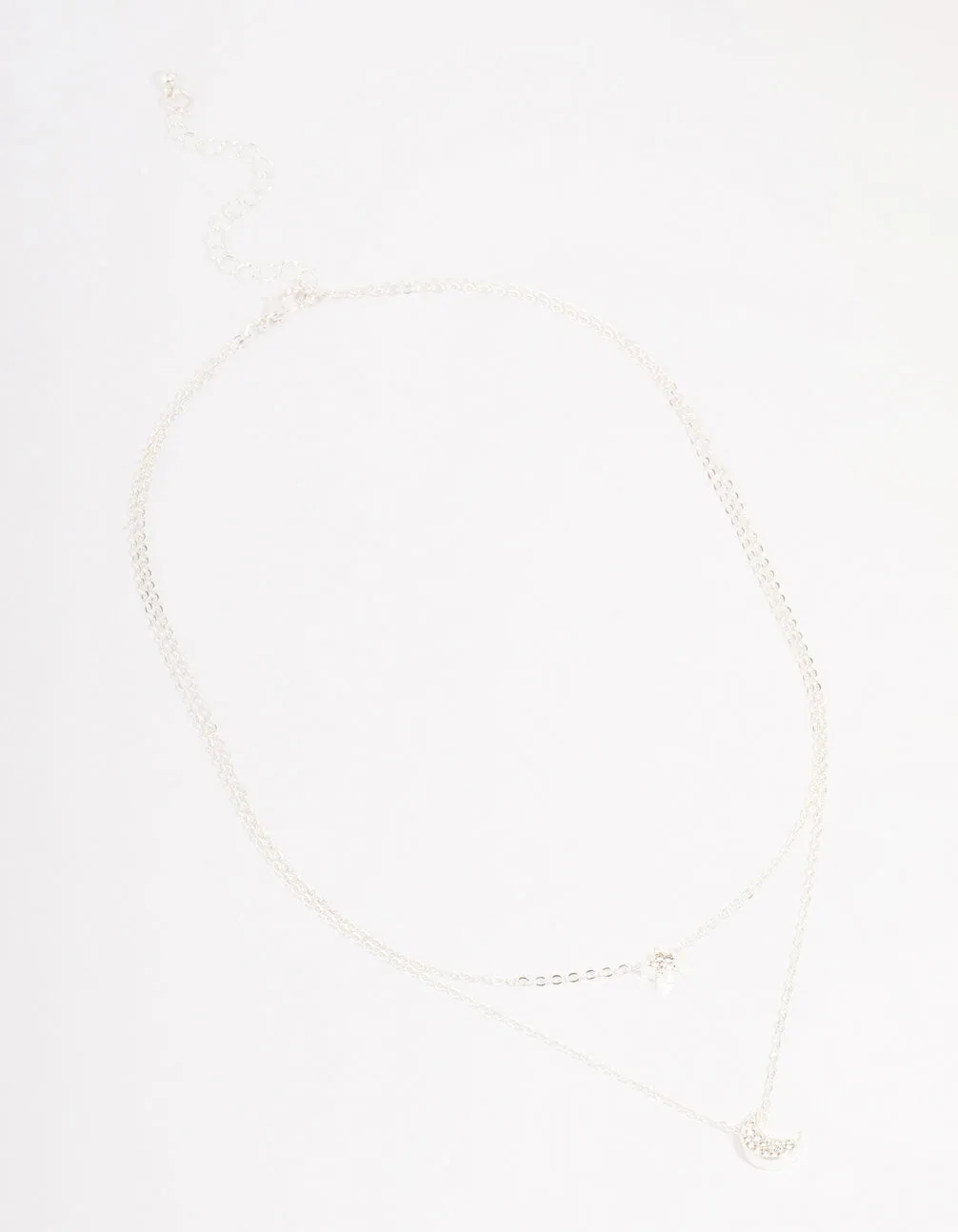 Silver Half Moon Star Double Layered Necklace