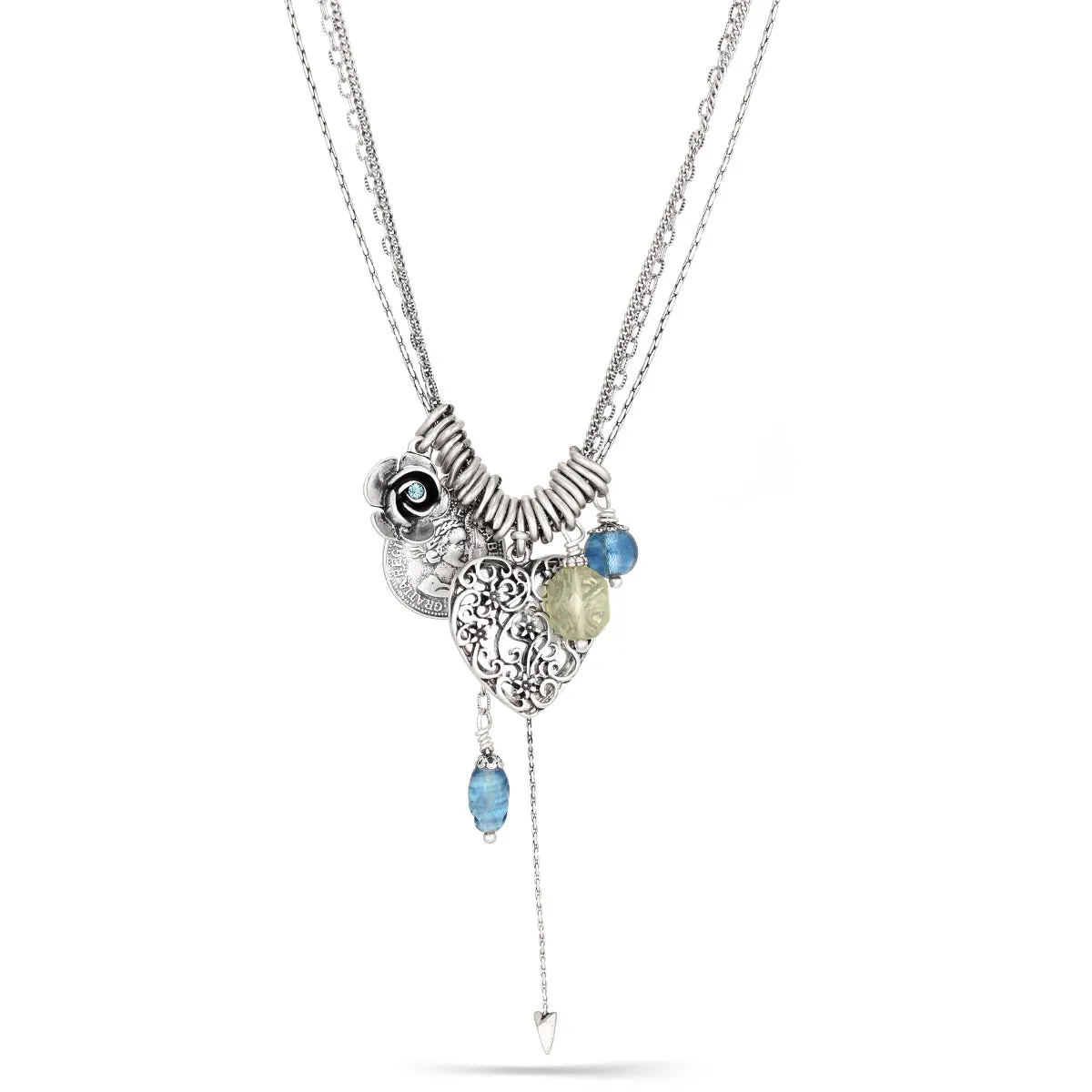 SILVER HEART FILIGREE LOCKET BLUE AND GREEN CHARM NECKLACES #211BL1101