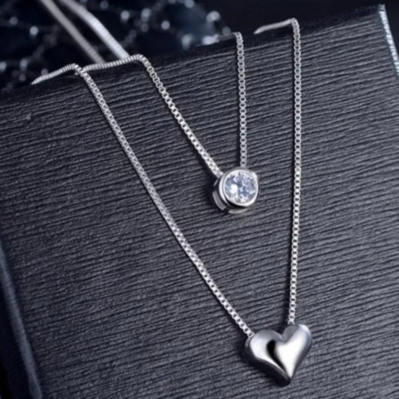 Silver Heart Pendant Necklace Double Layer Chain For Women Jewelry