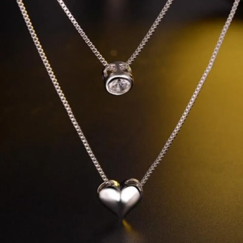 Silver Heart Pendant Necklace Double Layer Chain For Women Jewelry