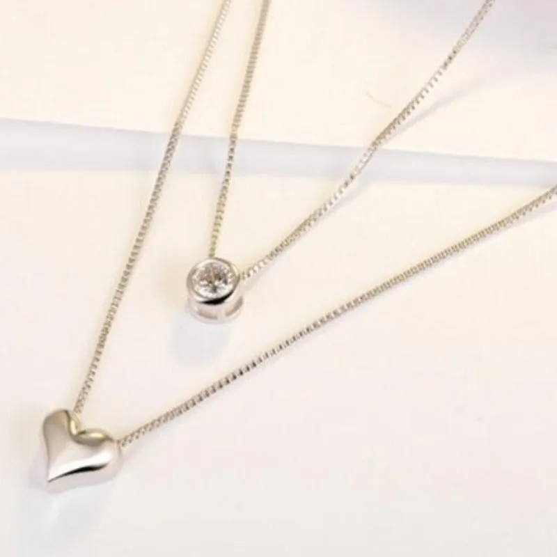 Silver Heart Pendant Necklace Double Layer Chain For Women Jewelry