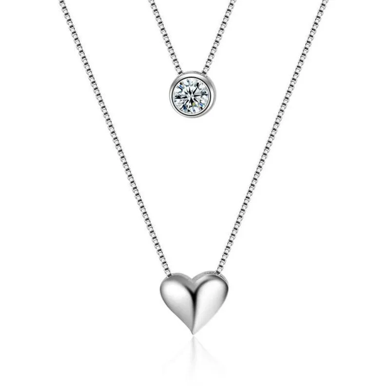 Silver Heart Pendant Necklace Double Layer Chain For Women Jewelry