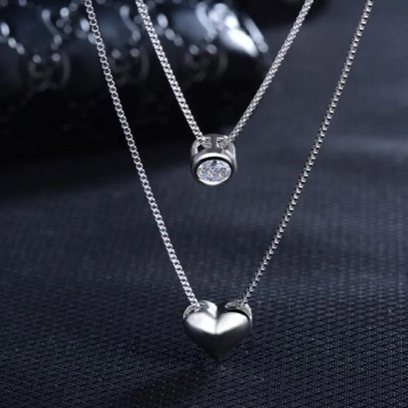 Silver Heart Pendant Necklace Double Layer Chain For Women Jewelry