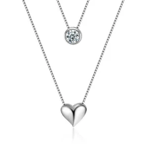 Silver Heart Pendant Necklace Double Layer Chain For Women Jewelry