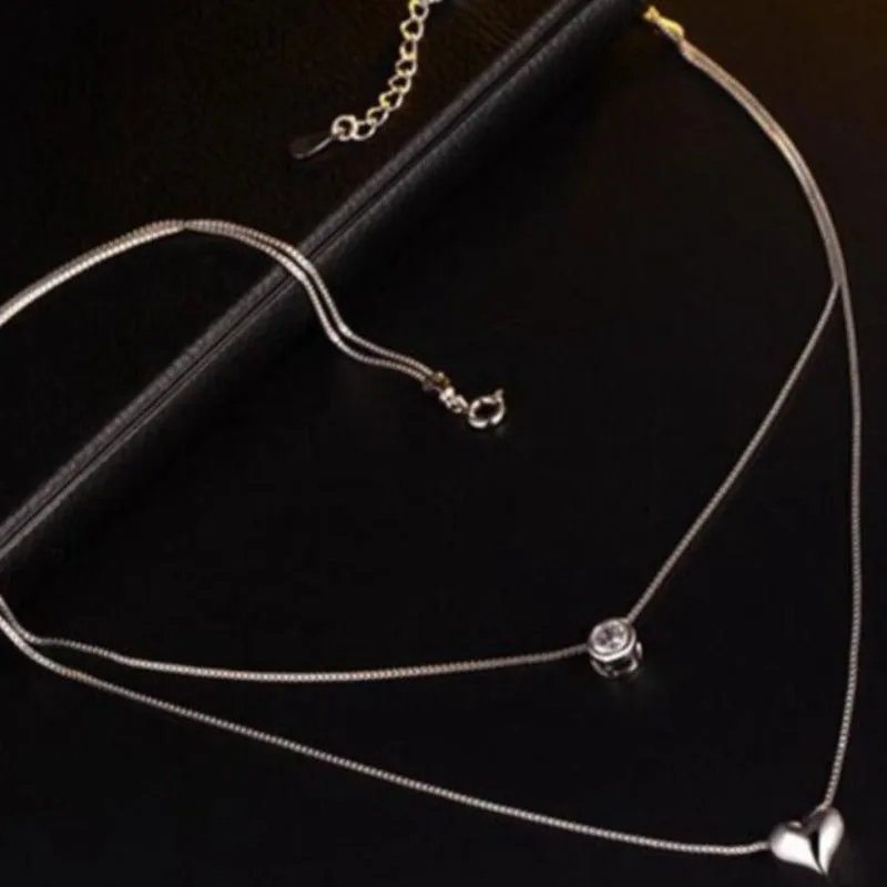 Silver Heart Pendant Necklace Double Layer Chain For Women Jewelry