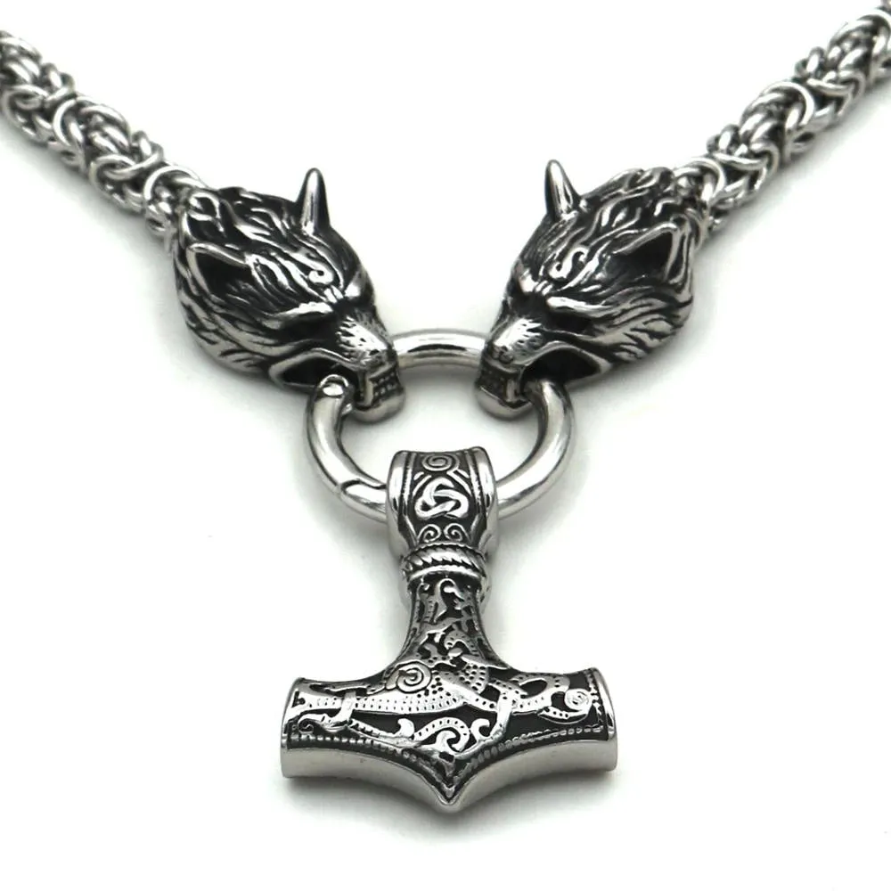 Silver King Chain With Mjolnir Pendant Held By Wolves Heads