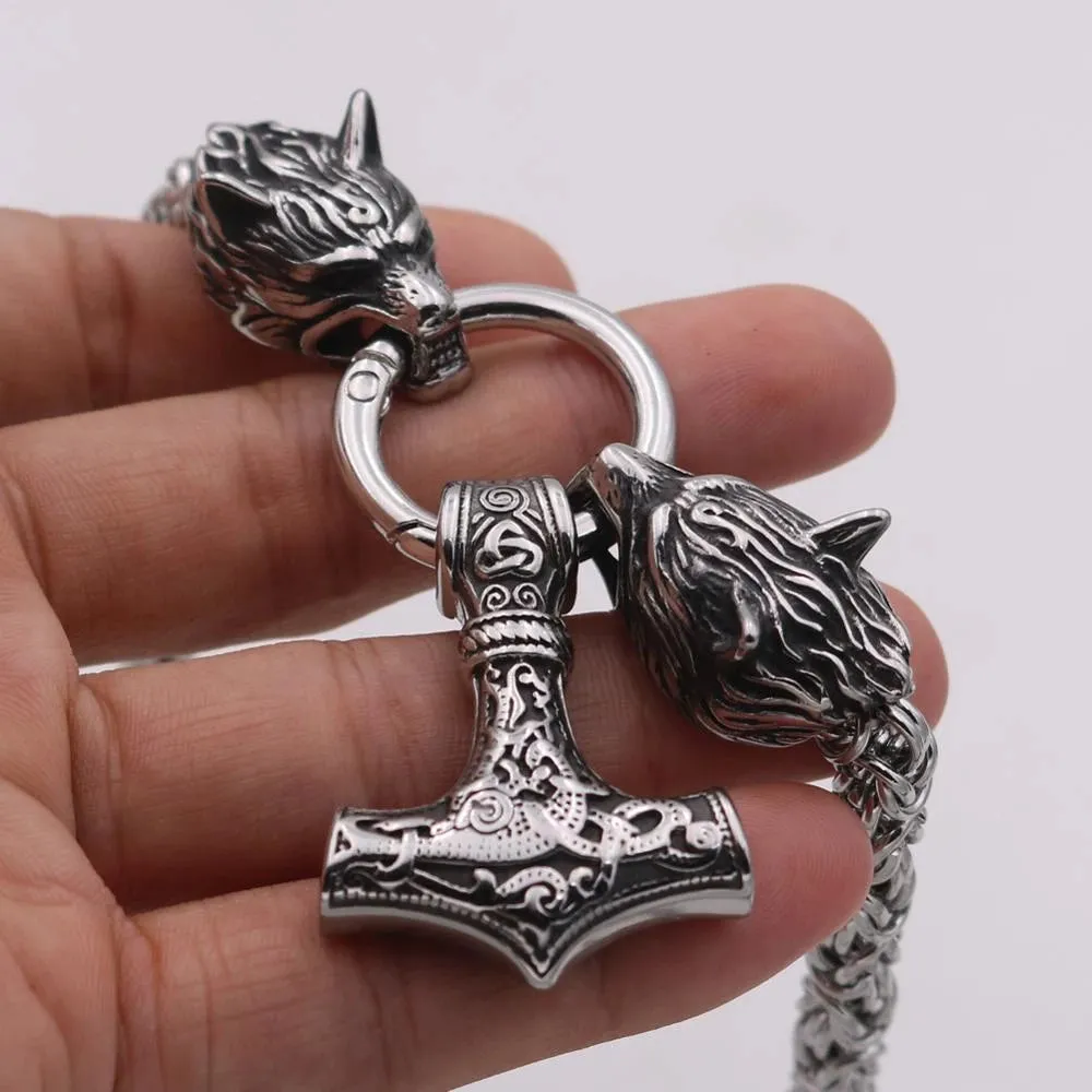 Silver King Chain With Mjolnir Pendant Held By Wolves Heads