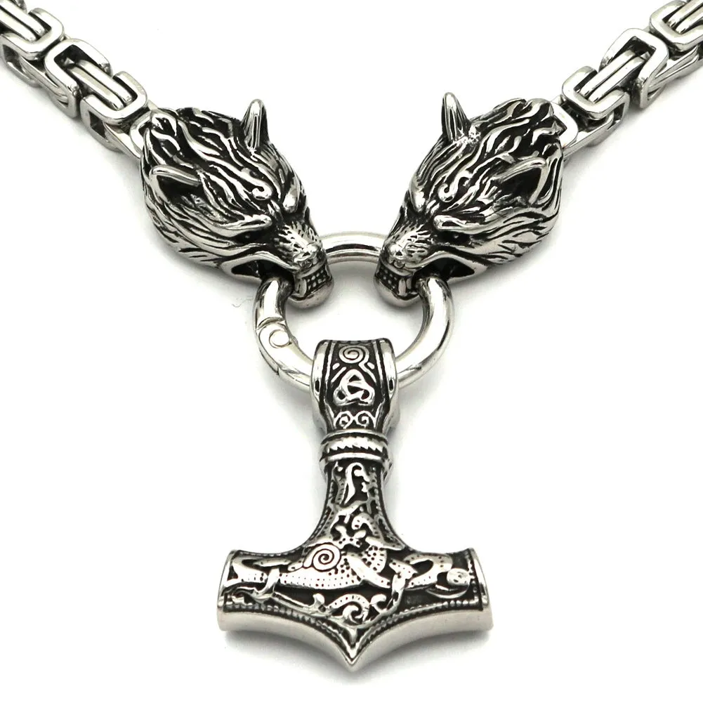 Silver King Chain With Mjolnir Pendant Held By Wolves Heads