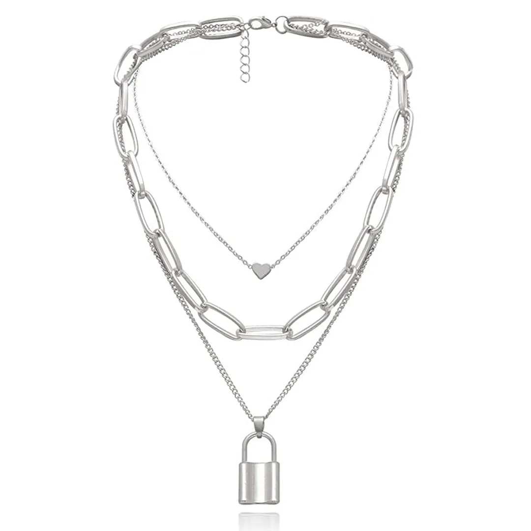Silver Layered Heart and Lock Pendant