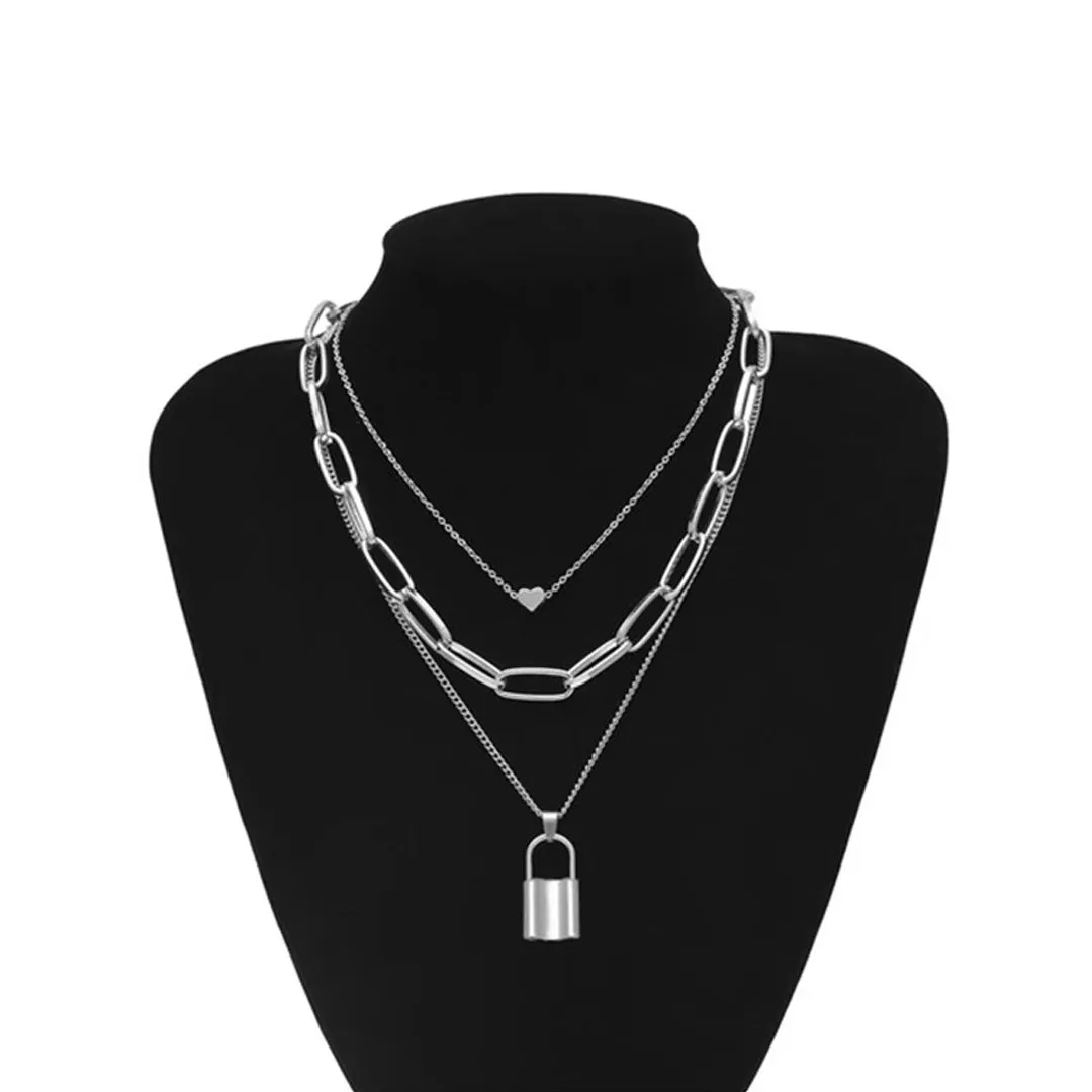 Silver Layered Heart and Lock Pendant