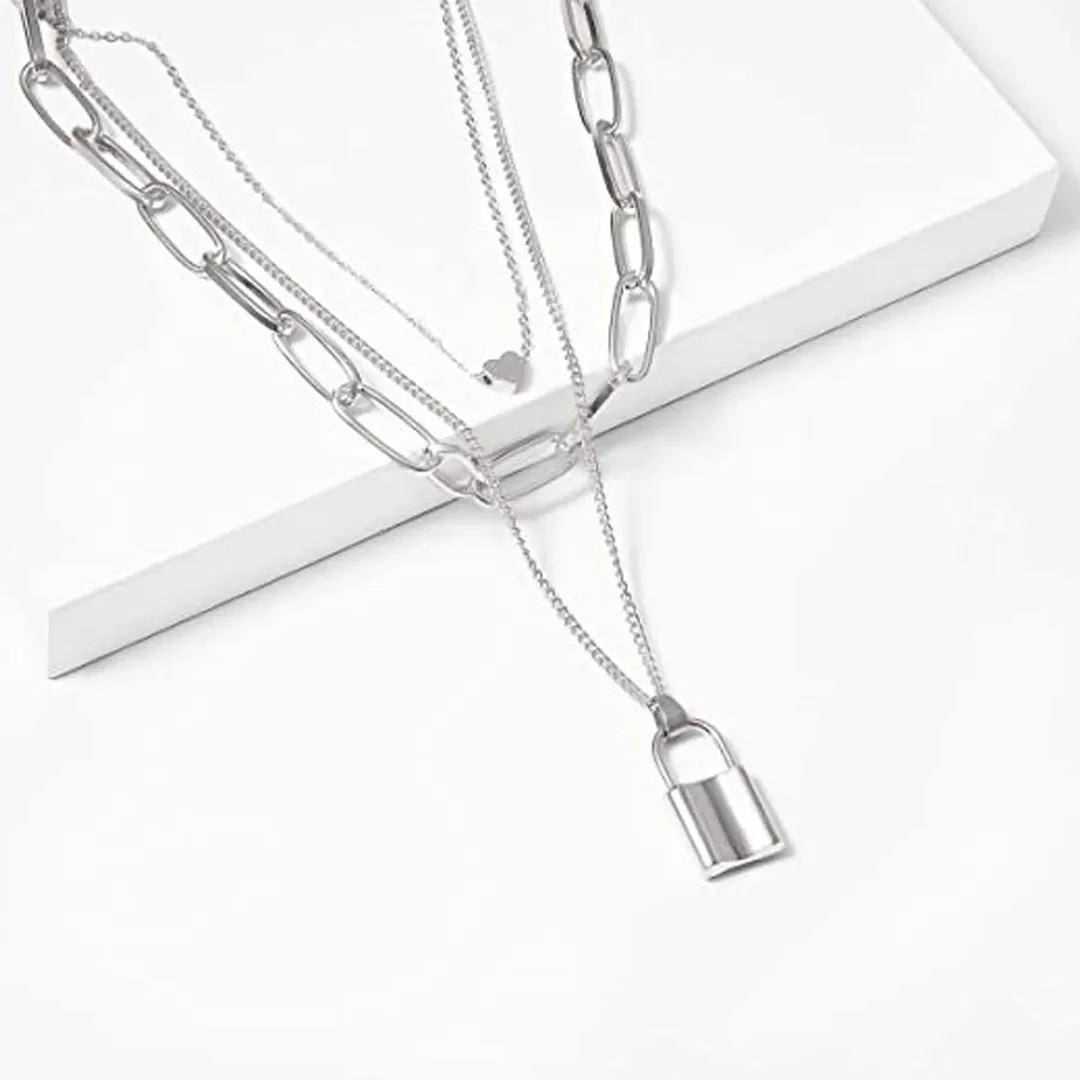 Silver Layered Heart and Lock Pendant