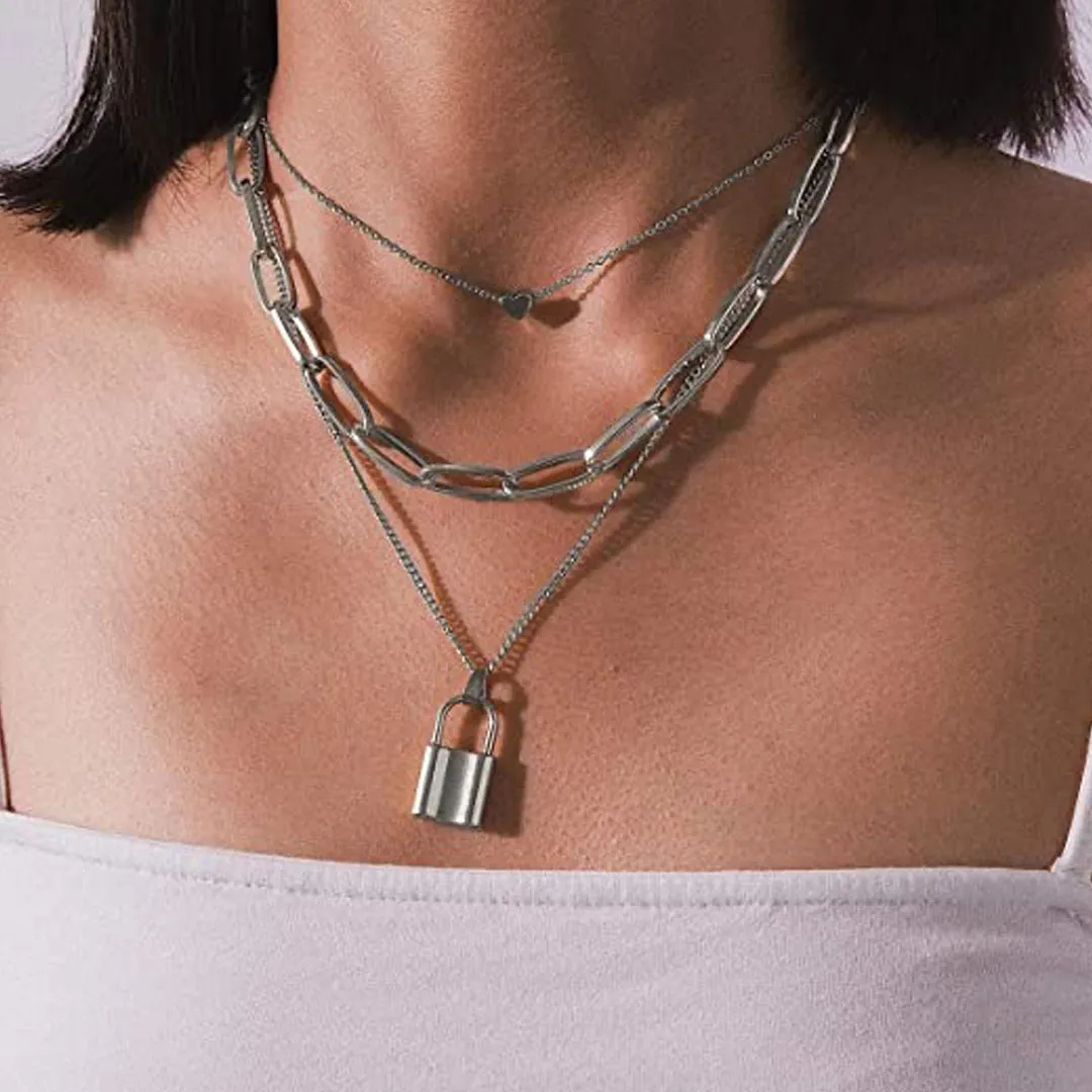 Silver Layered Heart and Lock Pendant