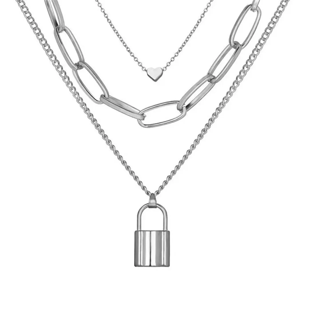 Silver Layered Heart and Lock Pendant