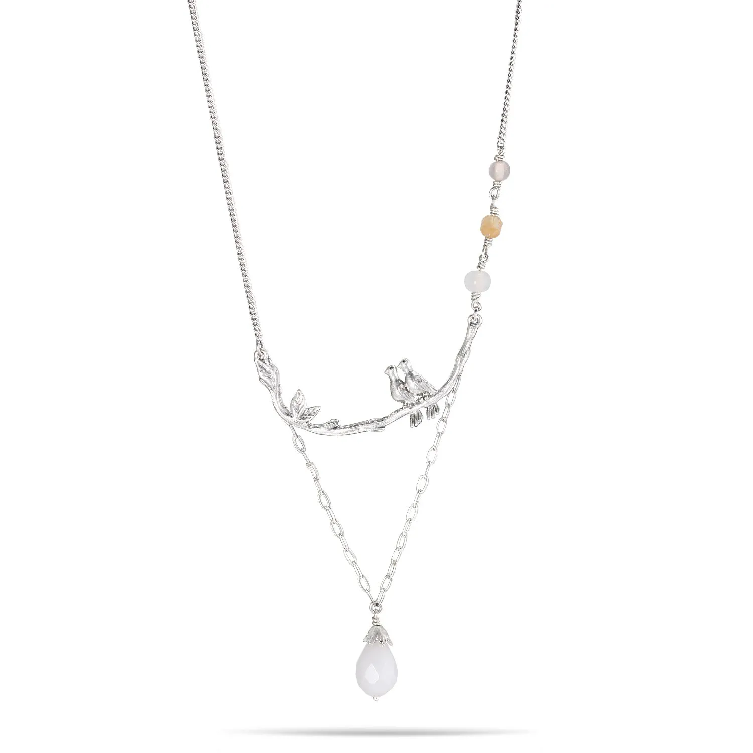 SILVER LOVE BIRDS WHITE TEARDROP STONE  NECKLACES #203NT1301 (10G1/1D20)