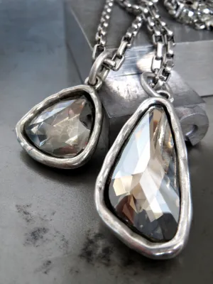 SILVER SMOKE - Faceted Glass Triangle or Wing Pendant Necklace