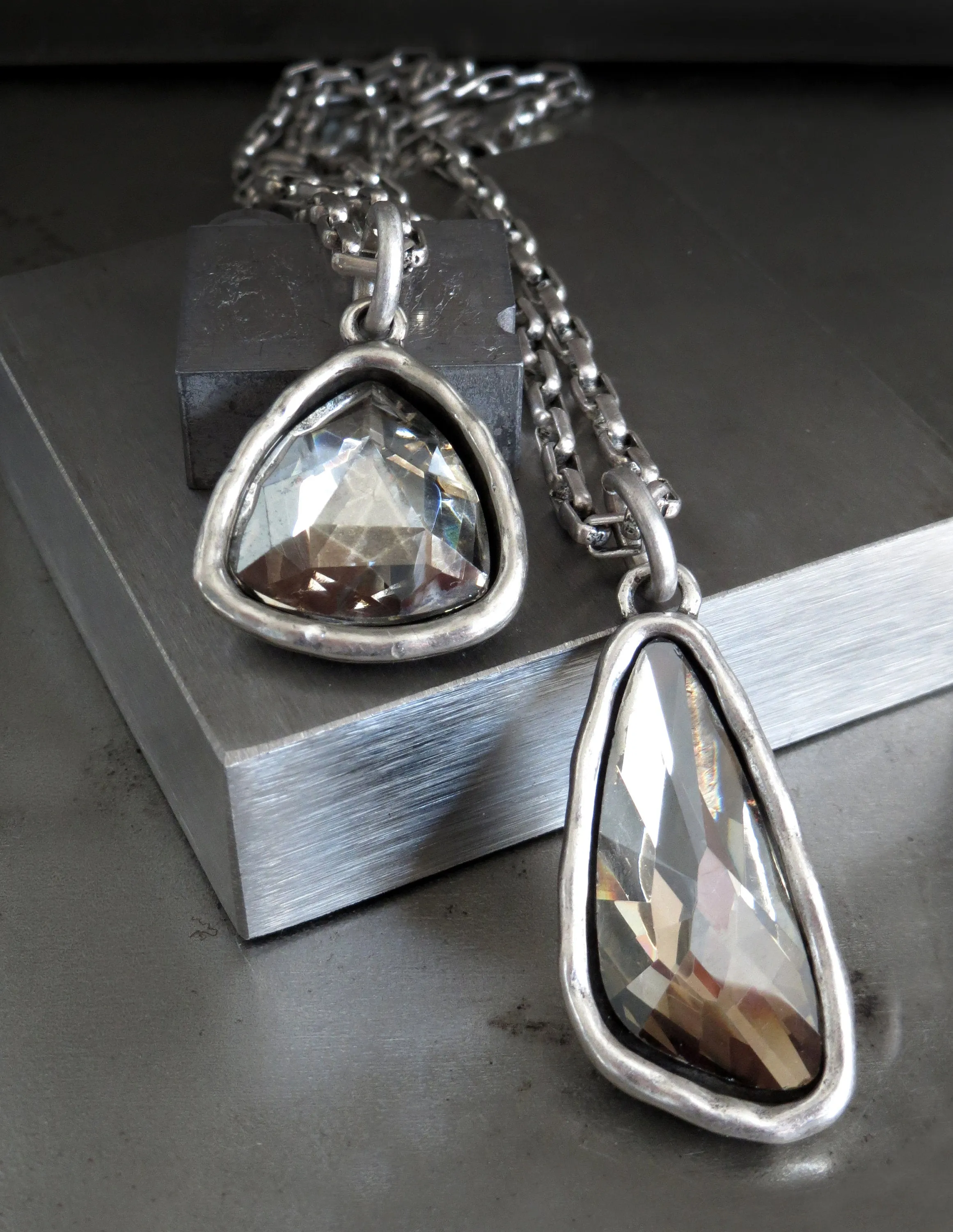SILVER SMOKE - Faceted Glass Triangle or Wing Pendant Necklace