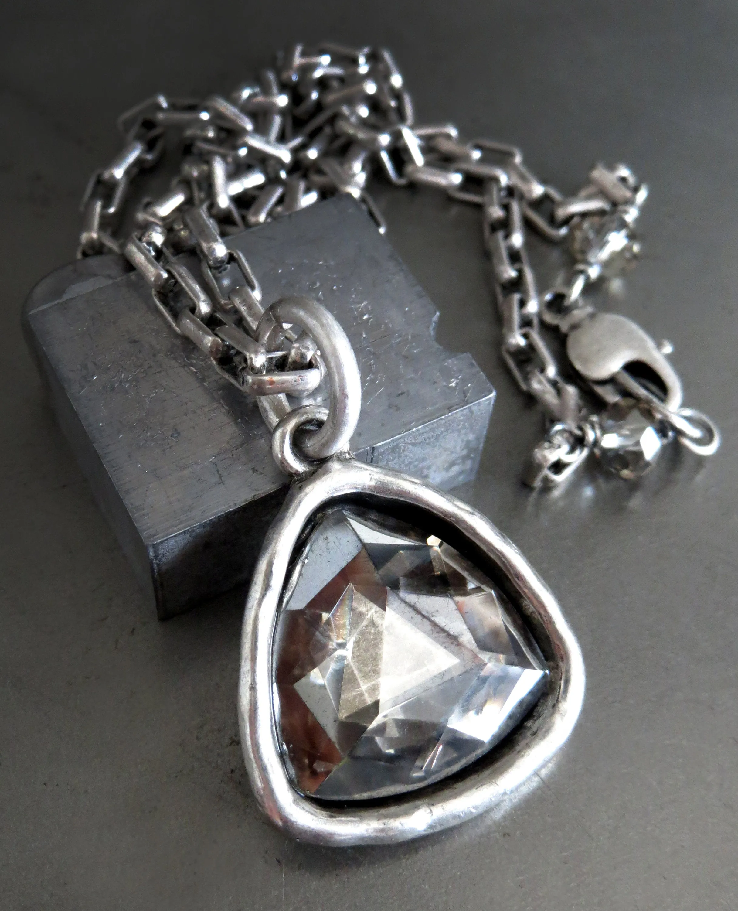 SILVER SMOKE - Faceted Glass Triangle or Wing Pendant Necklace