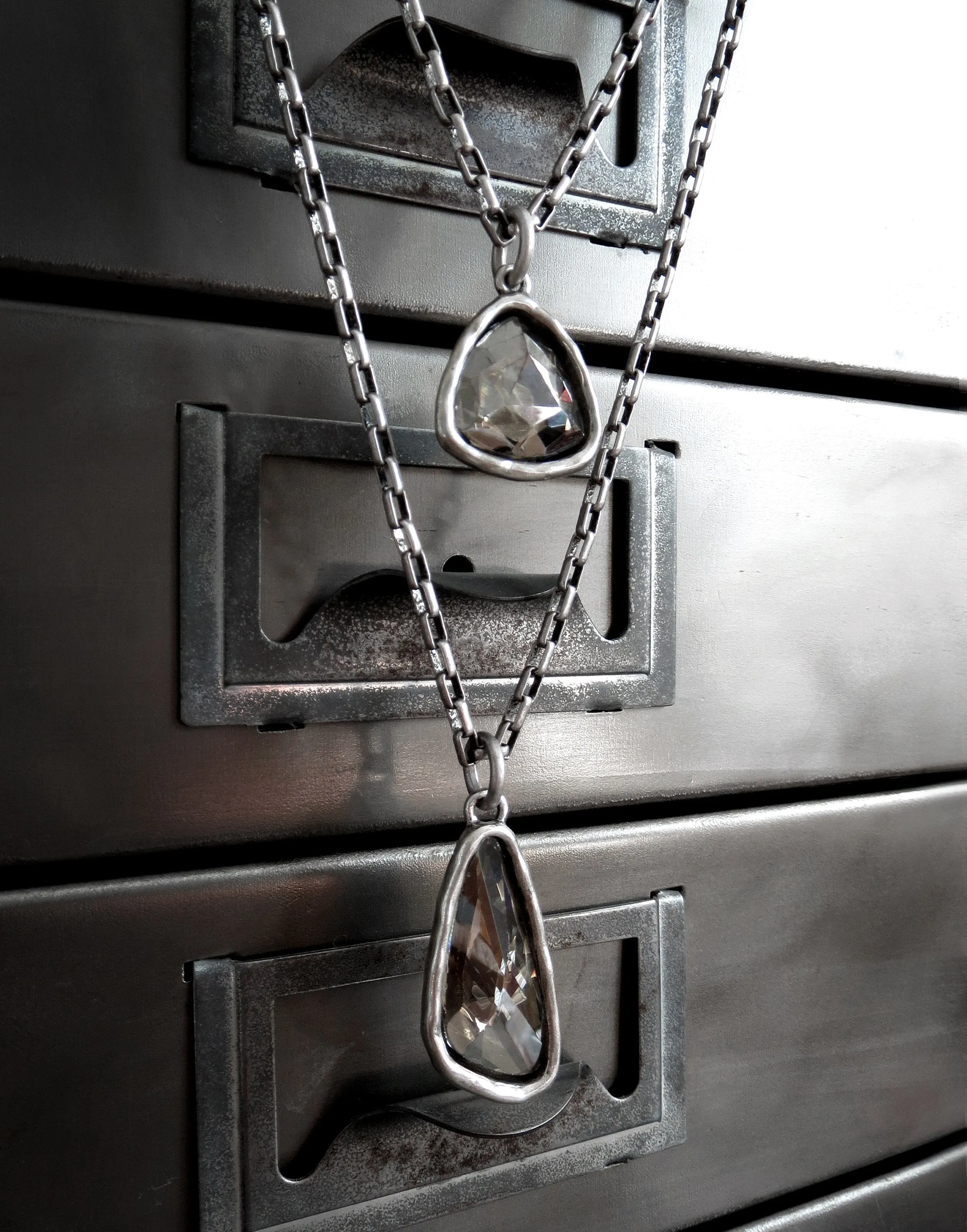SILVER SMOKE - Faceted Glass Triangle or Wing Pendant Necklace