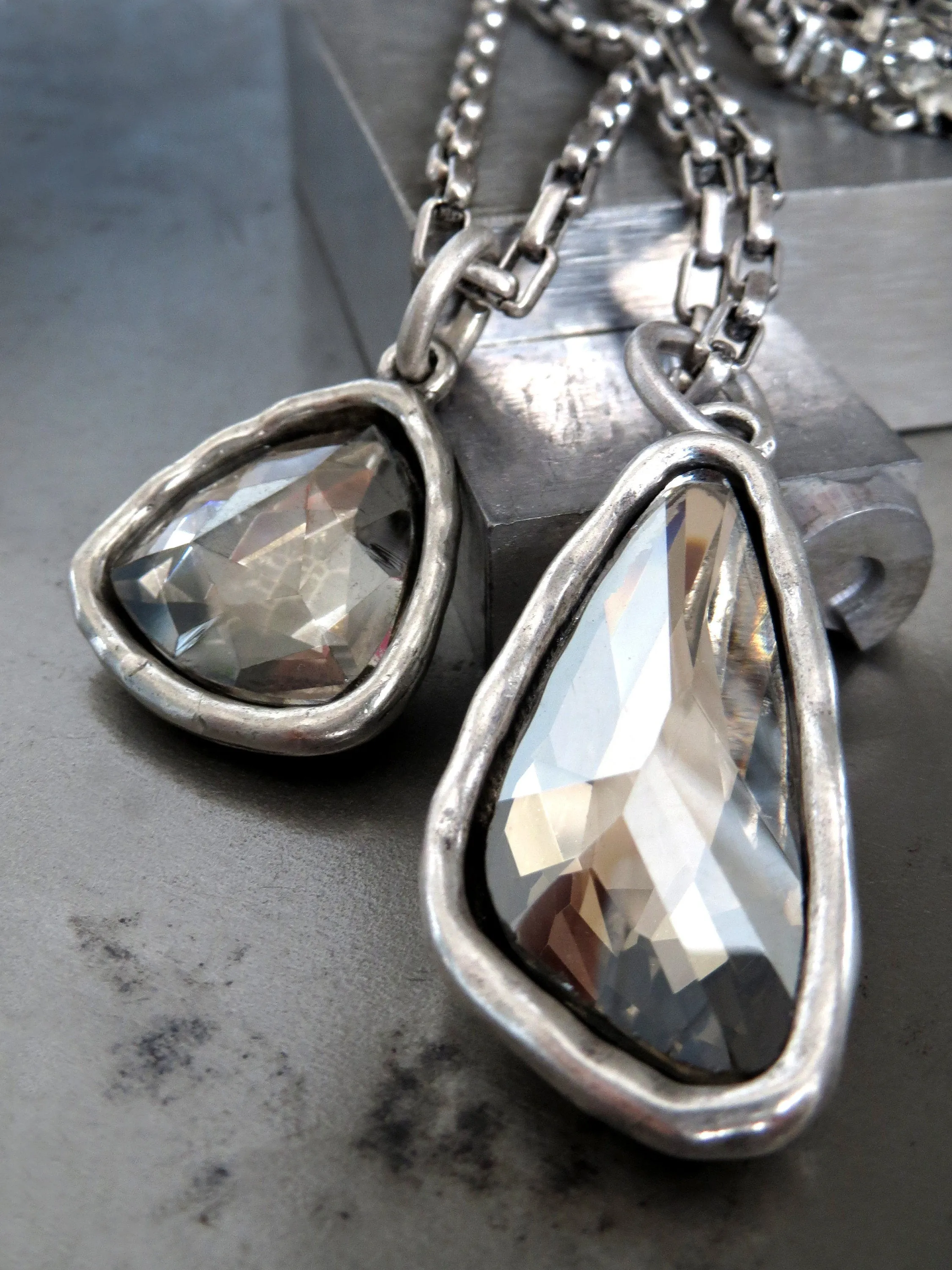 SILVER SMOKE - Faceted Glass Triangle or Wing Pendant Necklace