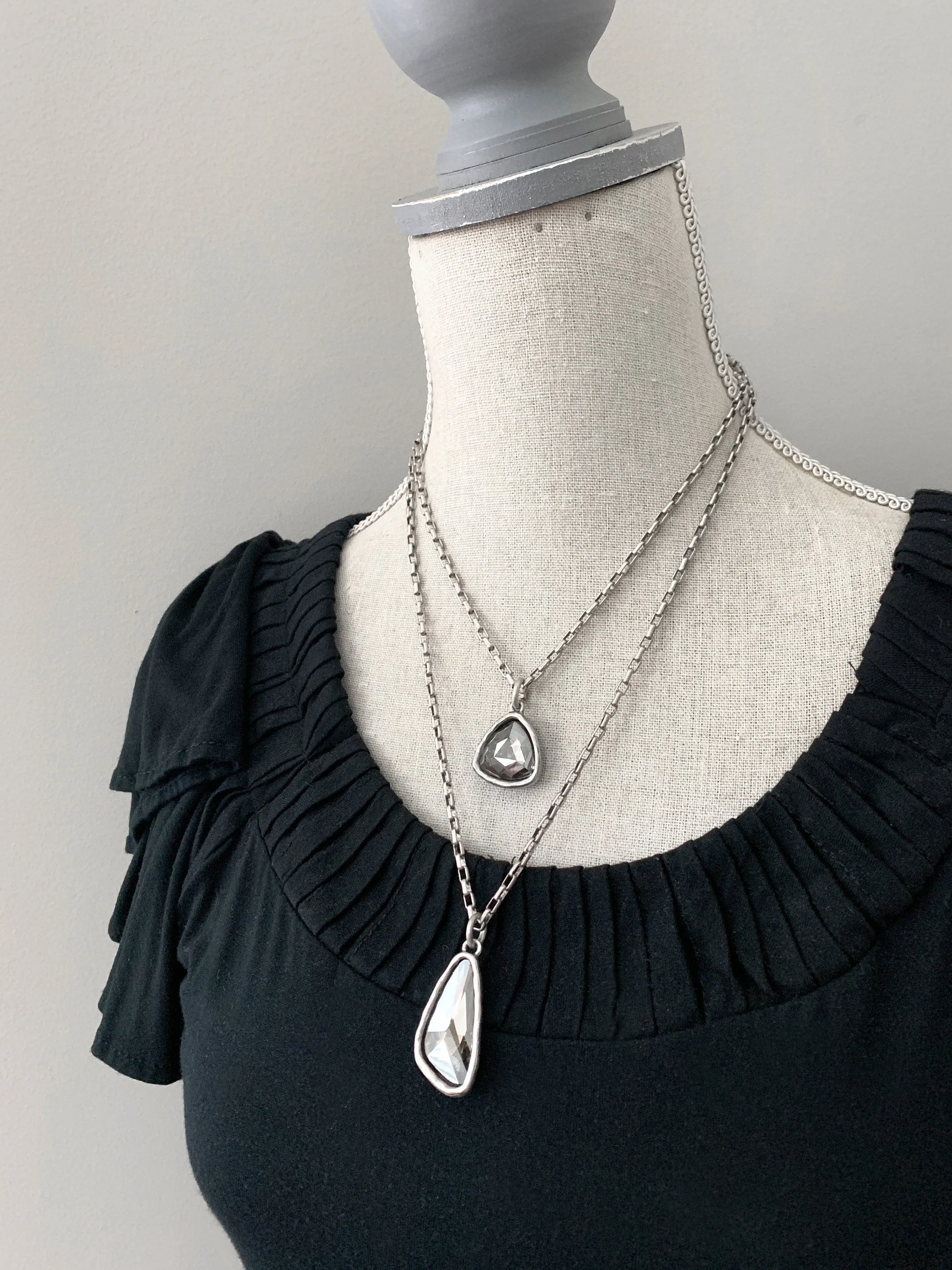 SILVER SMOKE - Faceted Glass Triangle or Wing Pendant Necklace