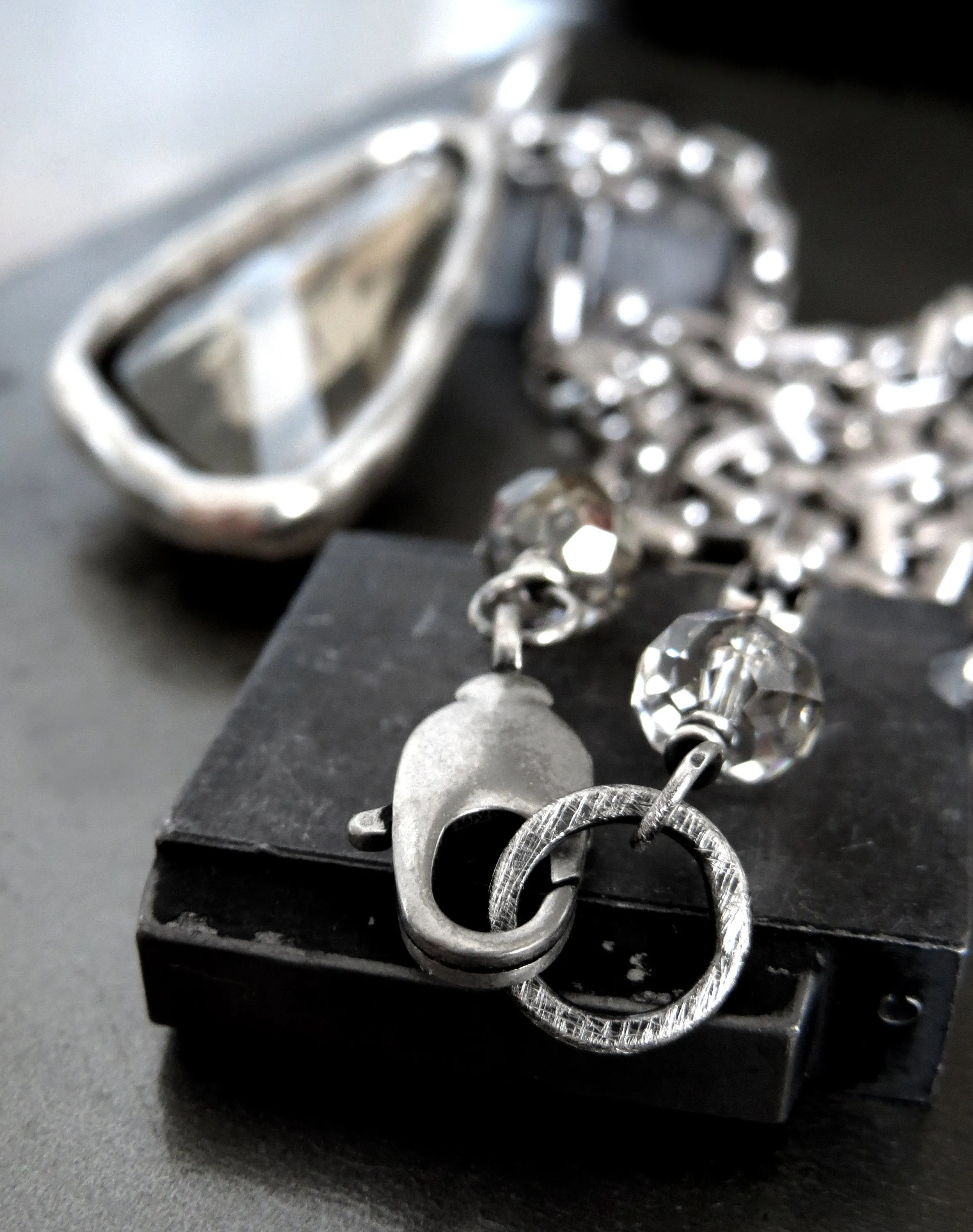 SILVER SMOKE - Faceted Glass Triangle or Wing Pendant Necklace