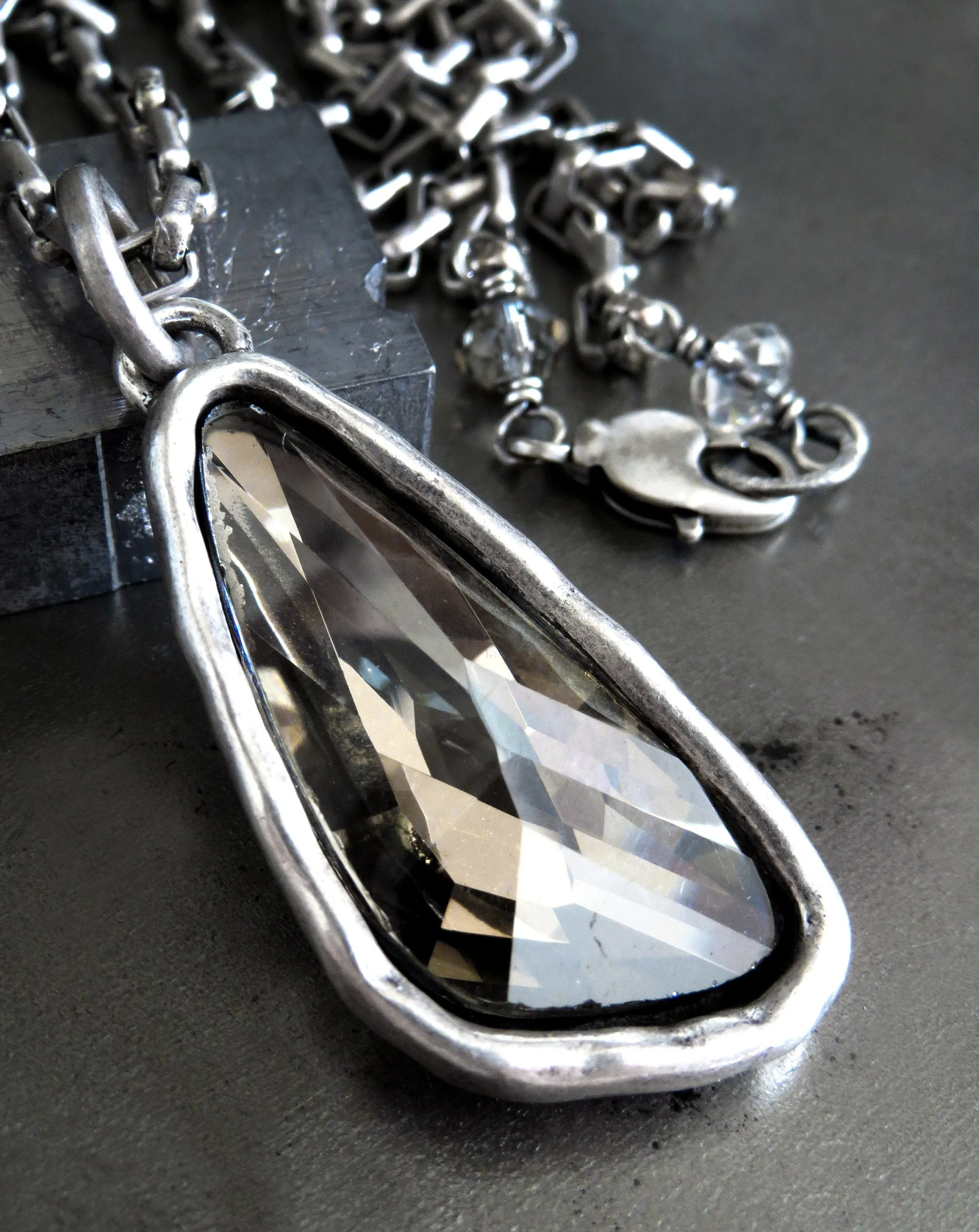 SILVER SMOKE - Faceted Glass Triangle or Wing Pendant Necklace