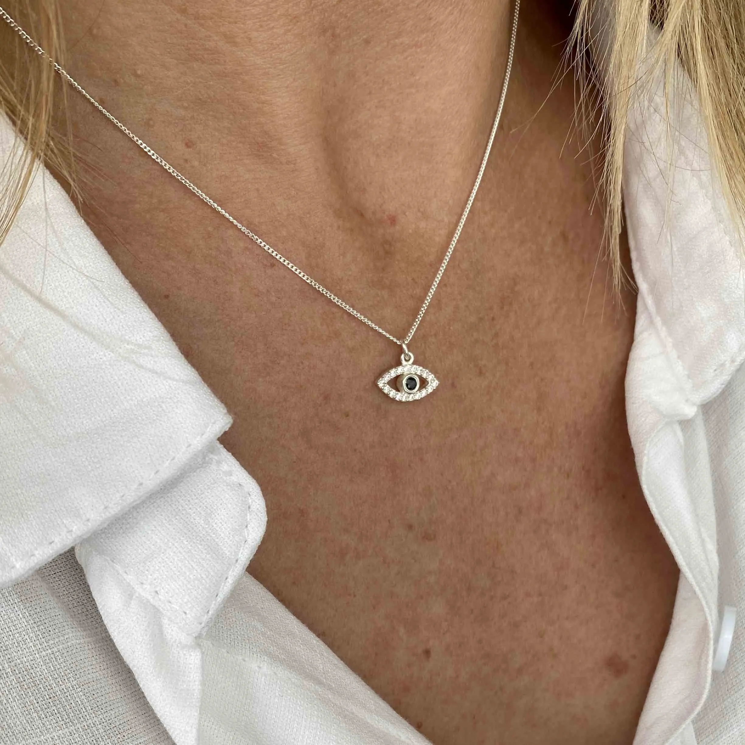 Silver Sparkle Evil Eye Charm Necklace