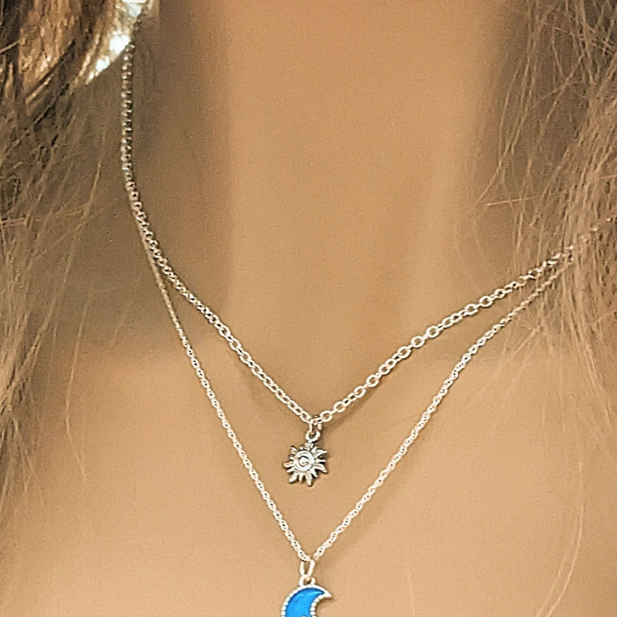 Silver Sun, Enamel Moon Layered Necklace Set