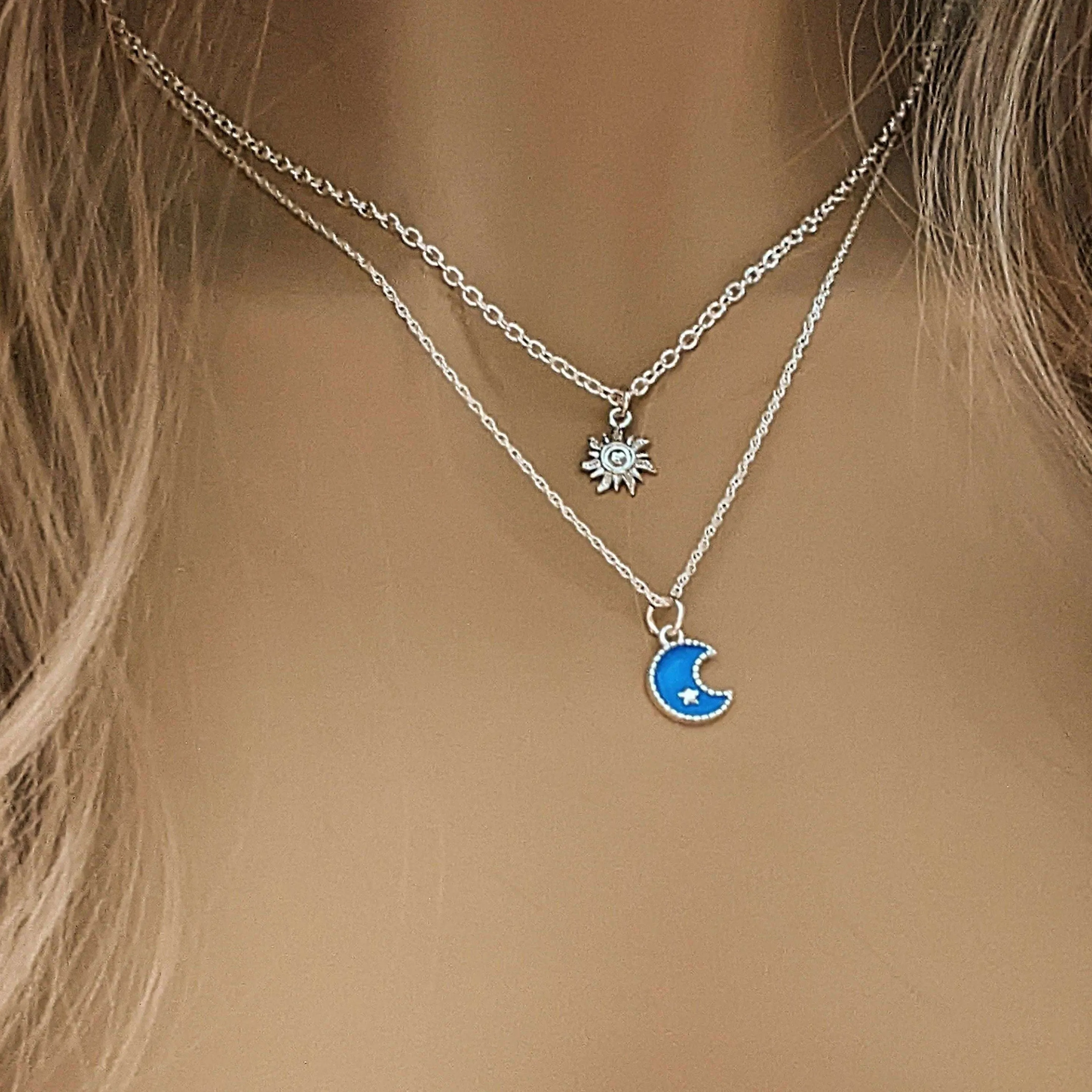 Silver Sun, Enamel Moon Layered Necklace Set