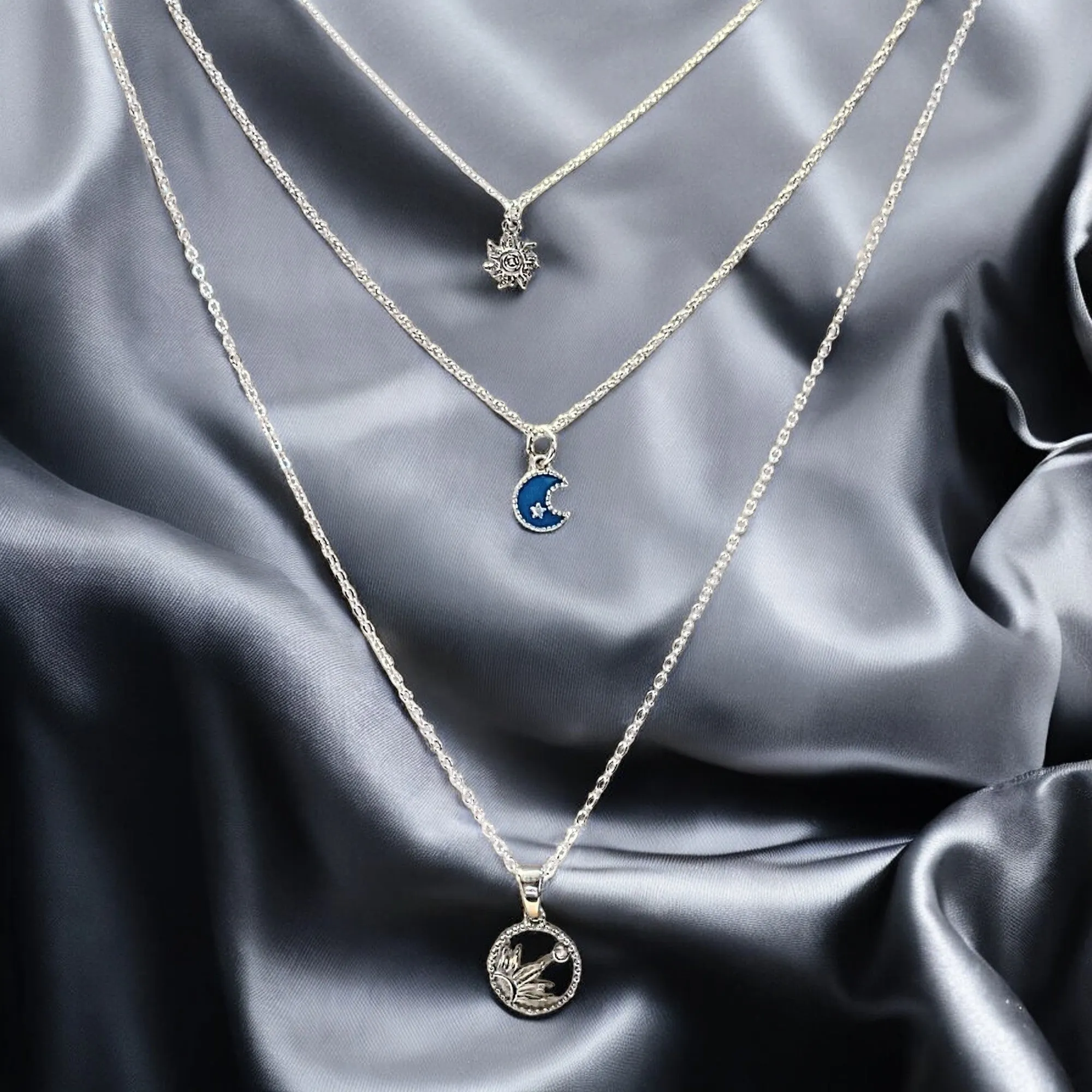 Silver Sun, Enamel Moon Layered Necklace Set