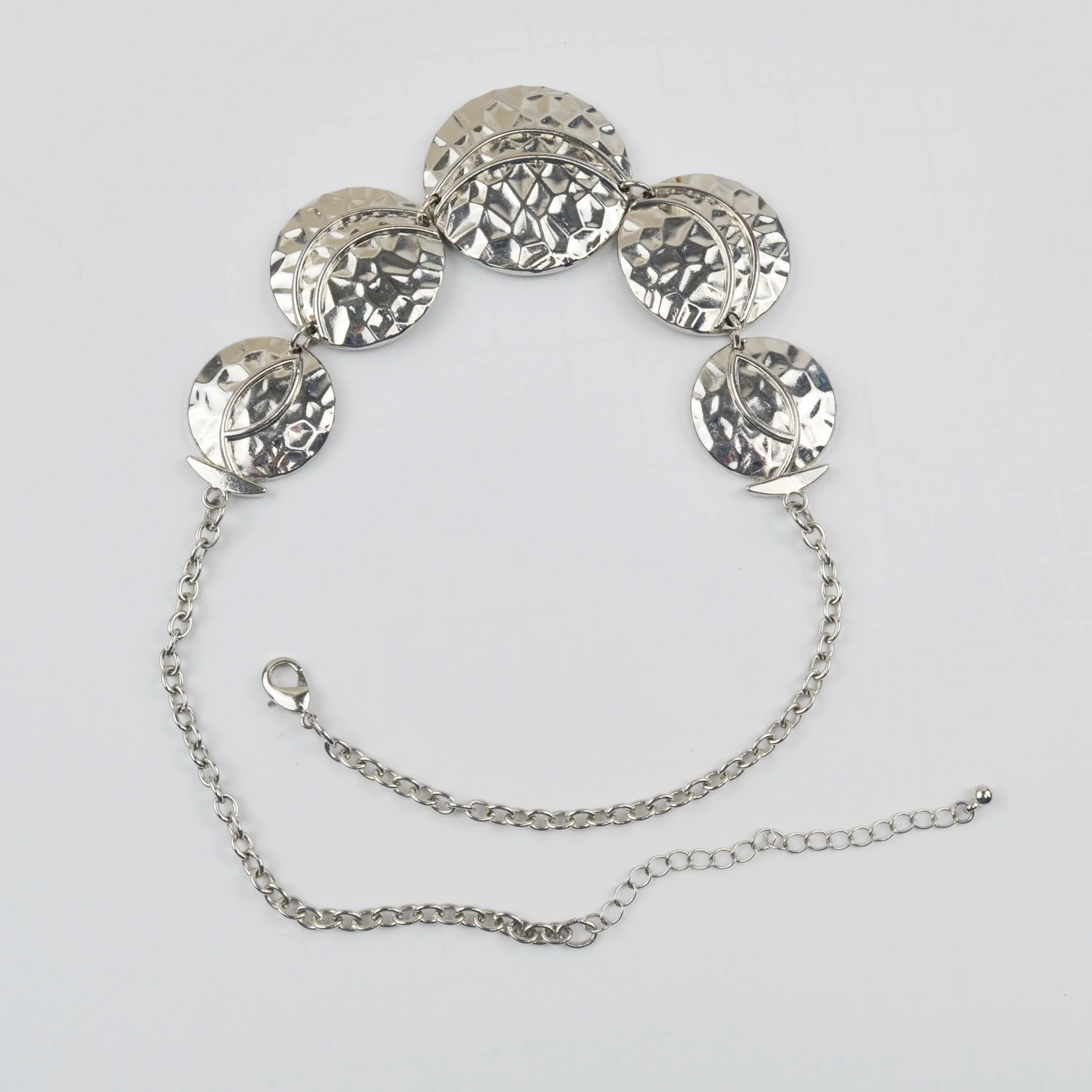 Silver Tone Bib Necklace Statement Link Chain Hammered Discs Graduated