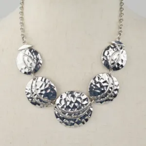 Silver Tone Bib Necklace Statement Link Chain Hammered Discs Graduated