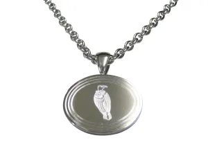 Silver Toned Etched Oval Vulture Bird Pendant Necklace