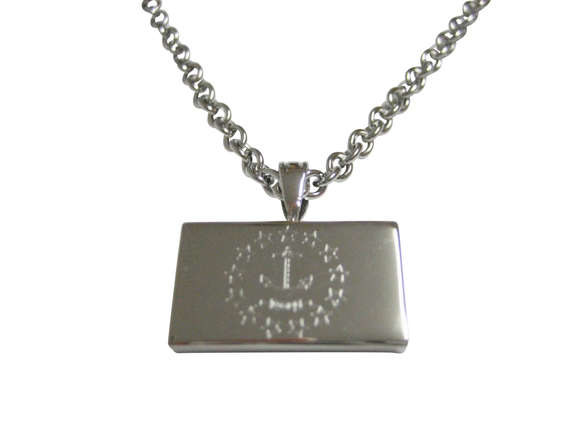 Silver Toned Etched Rhode Island State Flag Pendant Necklace