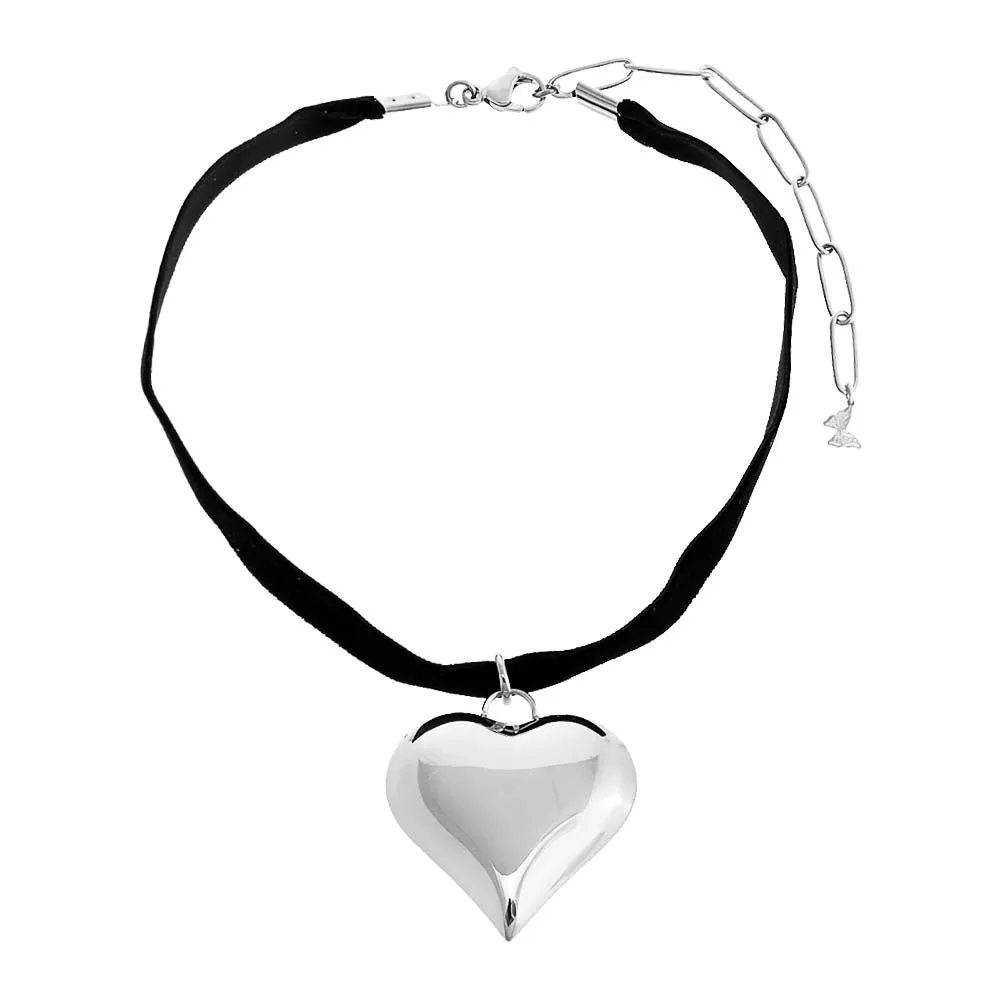Small Puffy Heart Necklace Black Velvet Choker
